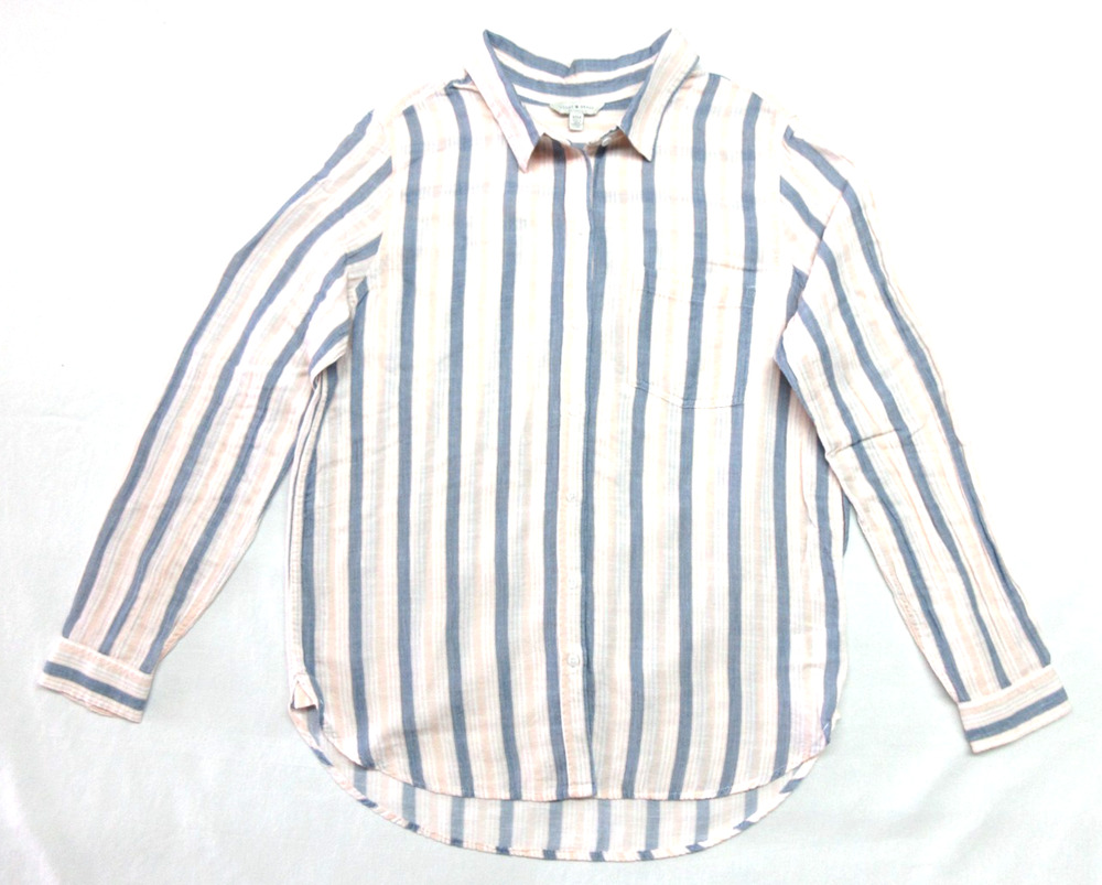 LUCKY BRAND Womens Medium Blue-Pink-White Striped Longsleeve Button-up Shirt Top